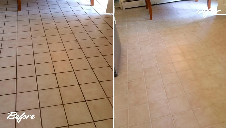 Living room floor tile grout cleaning before and after
