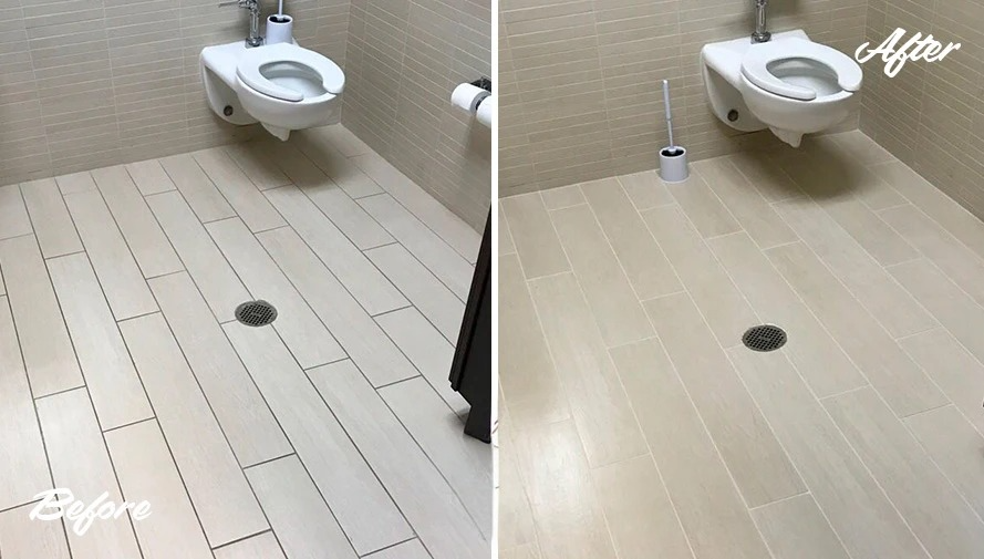 Washroom floor tile mold stain removal and epoxy regrouting