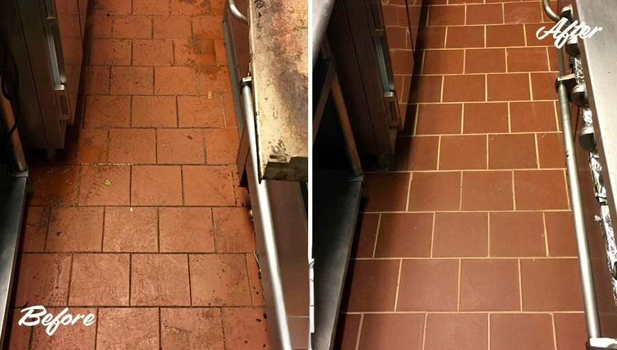 Kitchen terracotta floor tile grout deep cleaning before and after